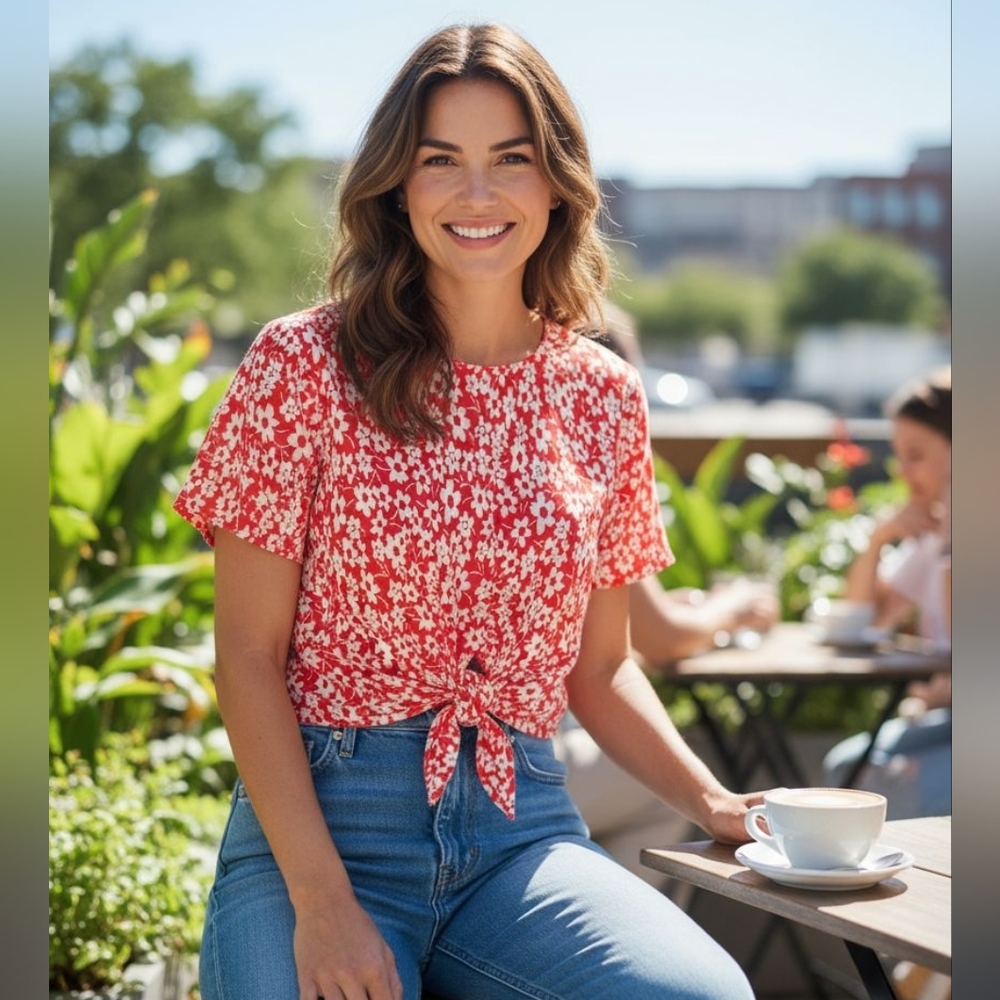 Madewell Red and White Floral Blouse Oversized